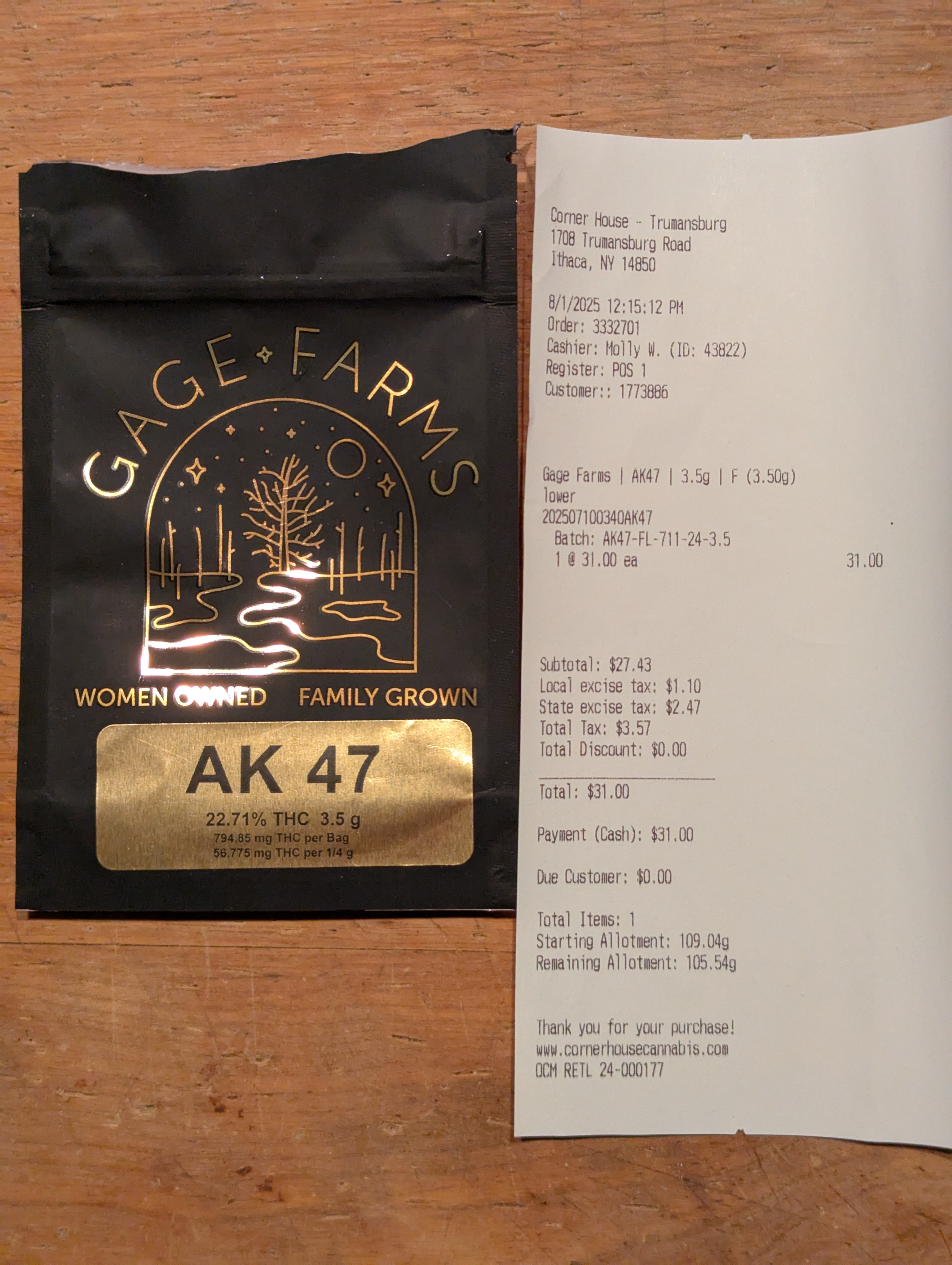 ./2025-08-01 - PXL_20250807_042731056 - The Corner House - 1 x 3.5gm GAGE FARMS AK-47 - $31.00.jpg